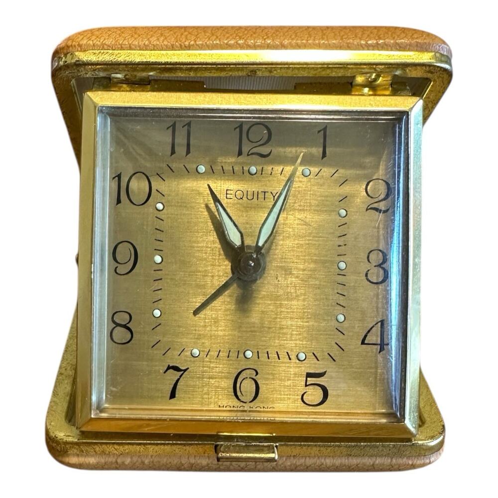Vintage Equity Folding Travel Alarm Clock Wind Up Brown Case Tested